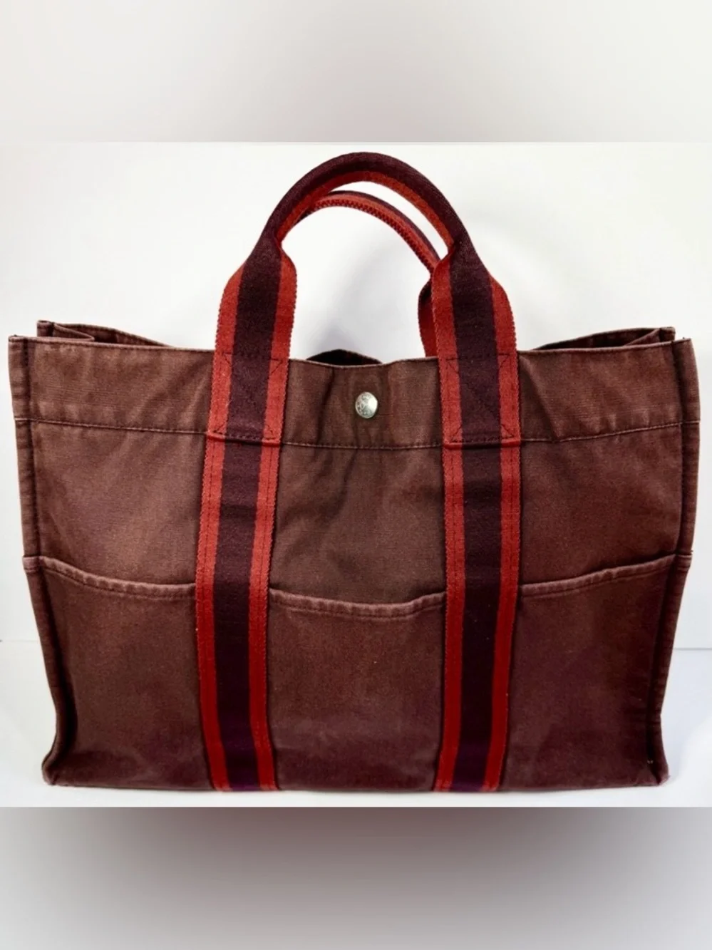 Hermes Brown Canvas Tote with Red and Burgundy Straps